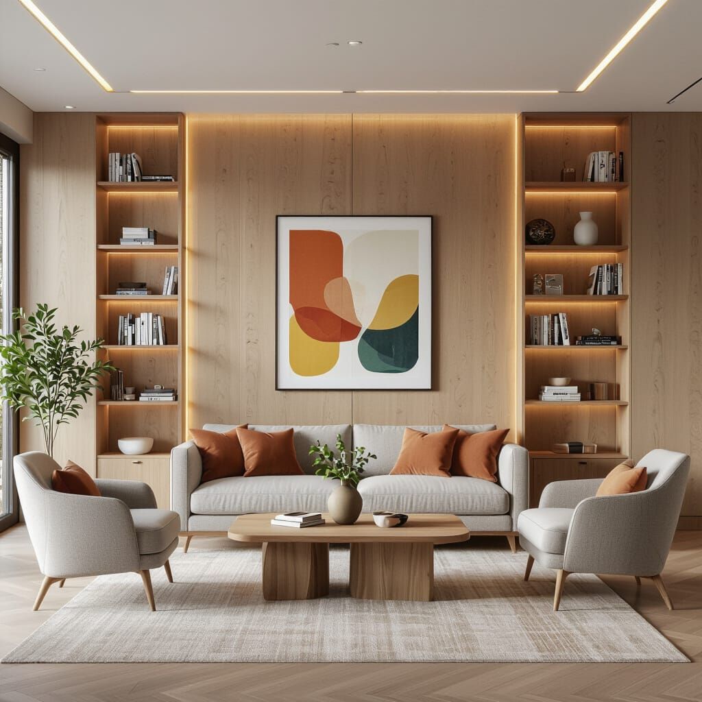 Modern Elegant Living Room with Natural Wood and Art