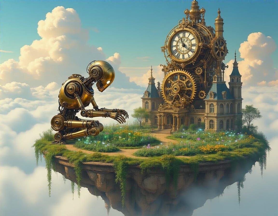 Steampunk Automaton's Bioluminescent Garden in Art Nouveau S...