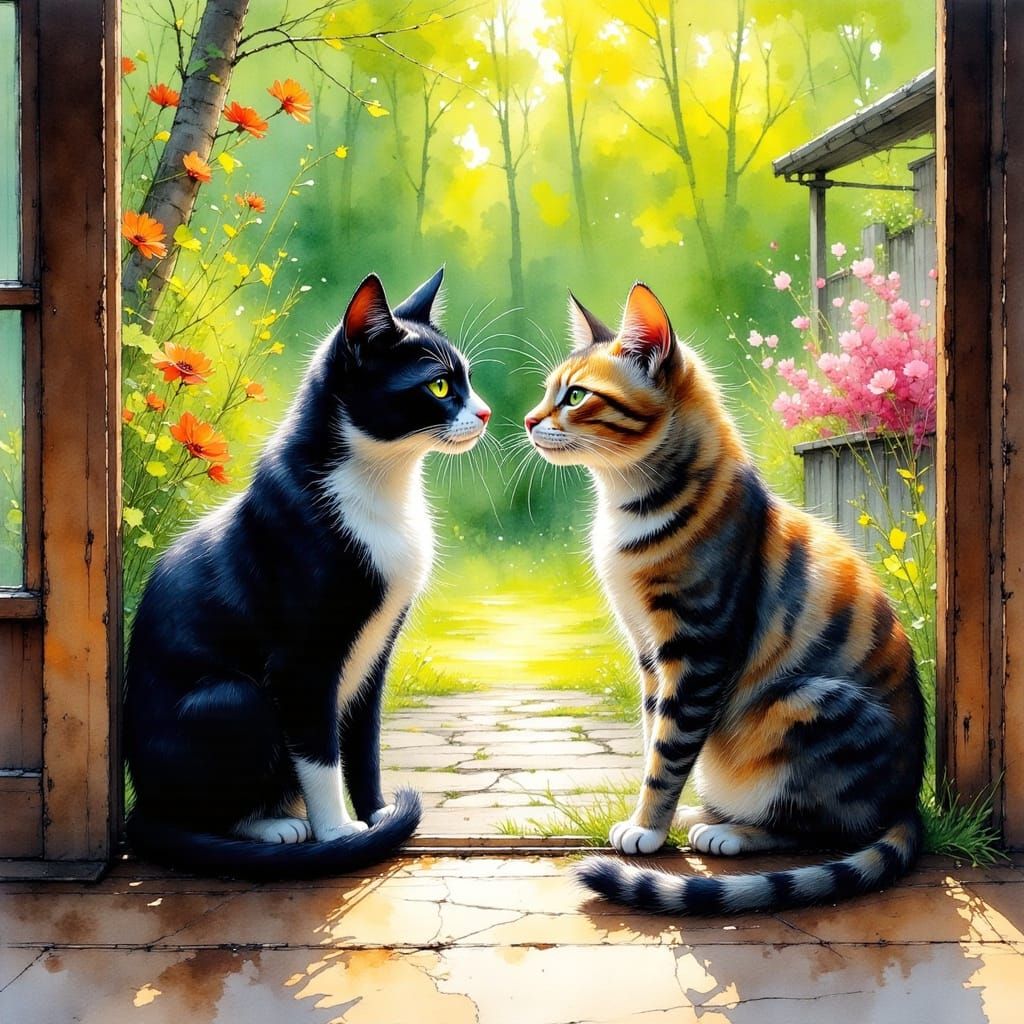 Tuxedo Cat Standoff in Vivid Ink Drawing