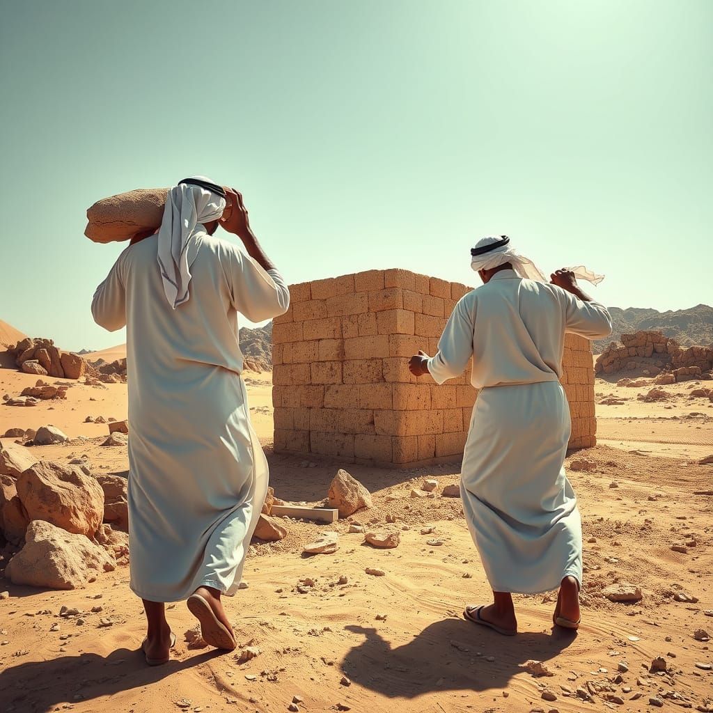 Strong Arab Workers Tackle Desert Construction