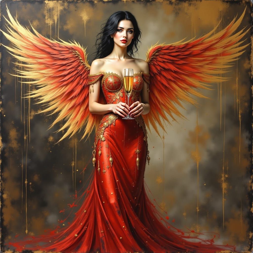 Angel in 19th-Century Inspired Red and Silver Evening Gown