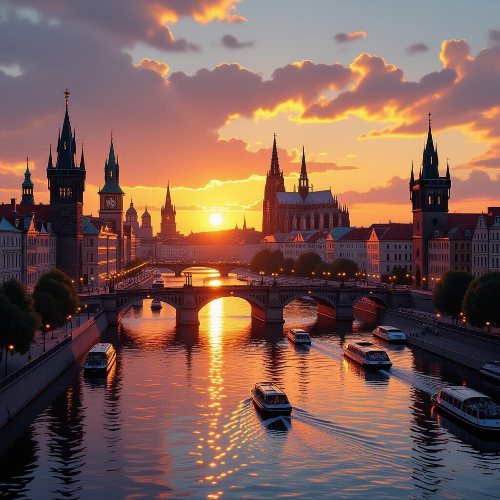 Golden Hour Cityscape with Gothic and Baroque Towers