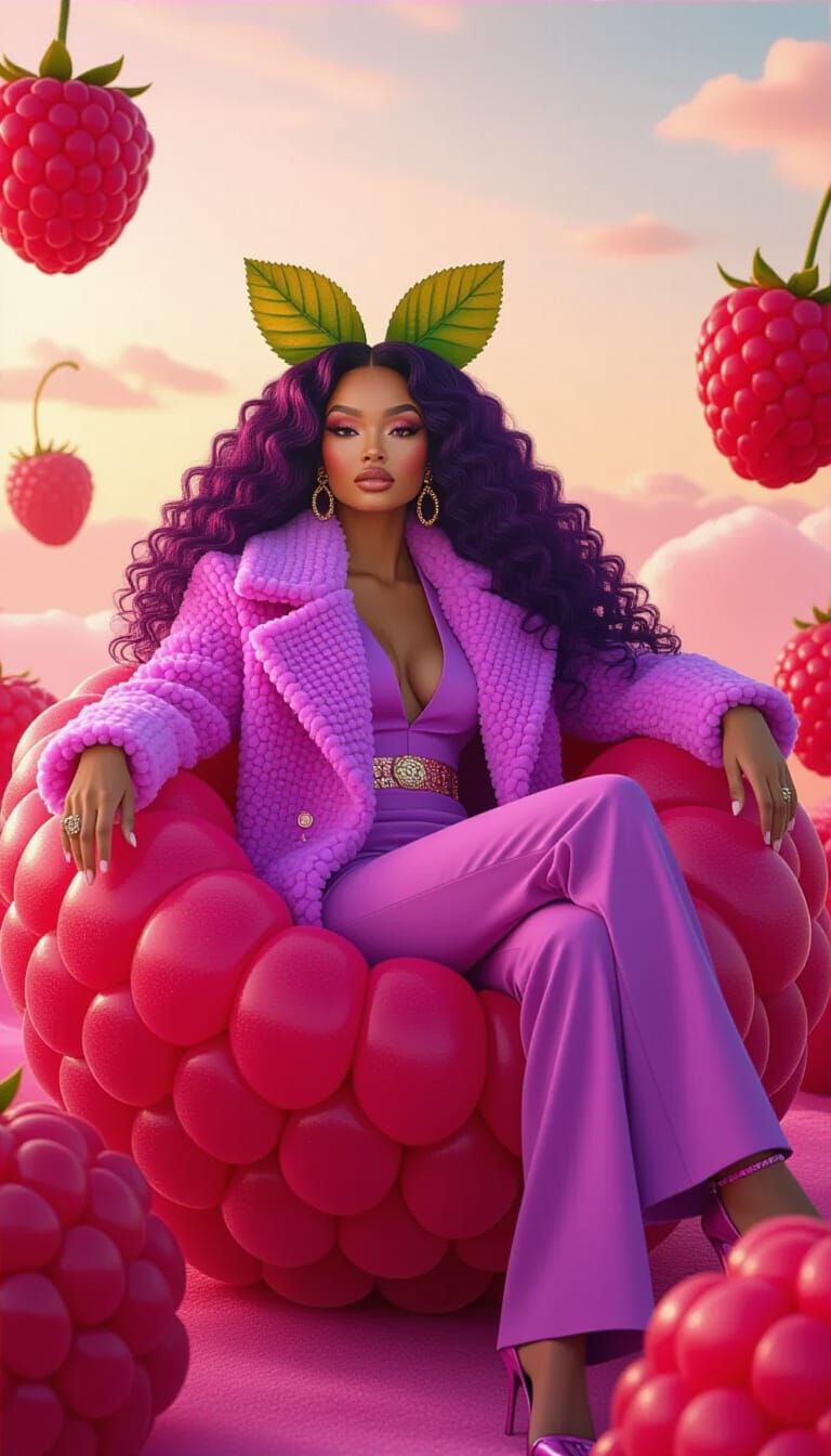Black Woman in Raspberry, Surreal Luxury Fashion Editorial