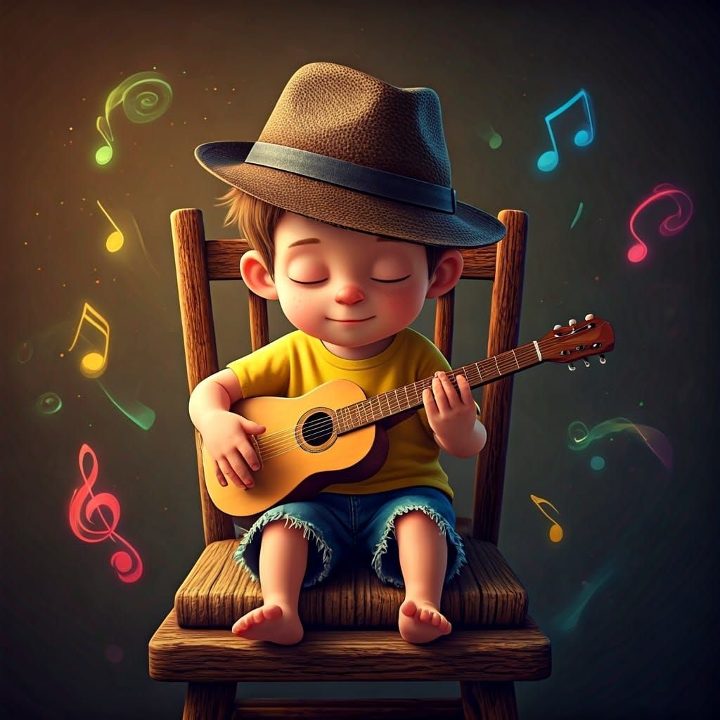 Vibrant 3D Boy Plays Guitar in Whimsical Wonderland