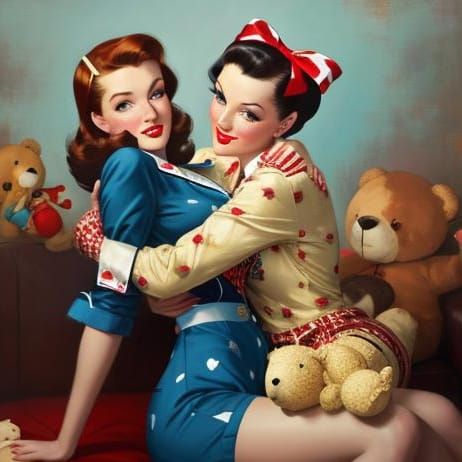 Vintage Pin-Up Girl with Teddy Bear in Elvgren Style