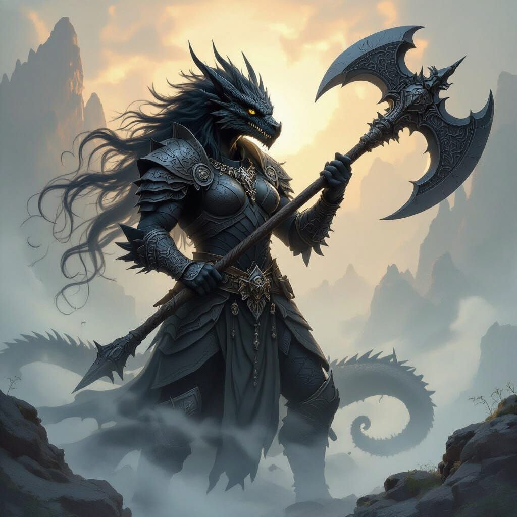Black Dragonborn Barbarian with Greataxe in Kinkade Style