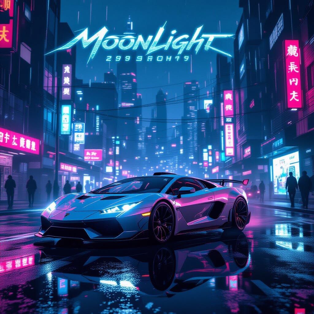 Cyberpunk Cityscape in Neon Moonlight