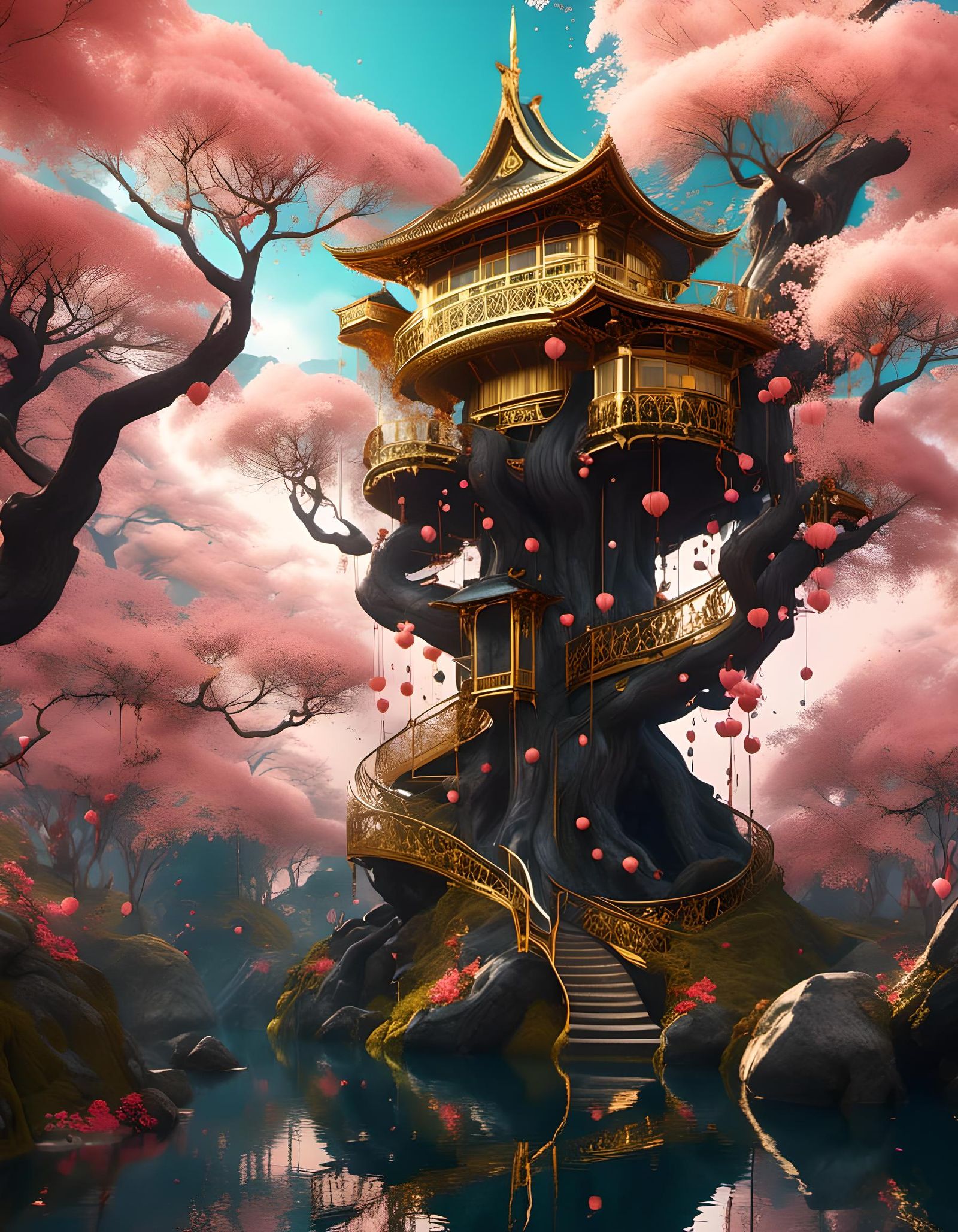 Sakura Treehouse in Gold Marble Midnight Garden