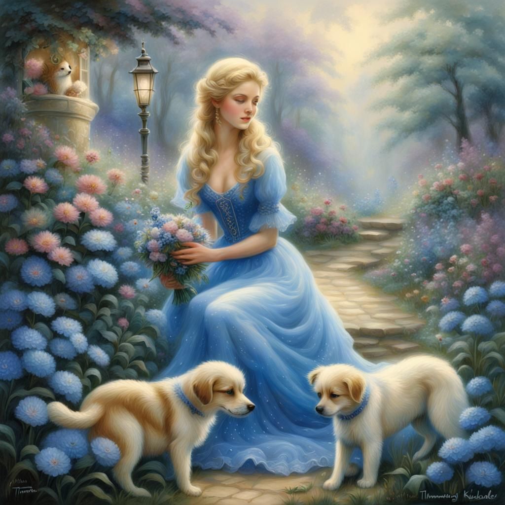 Blonde Woman and Dog in Enchanted Garden