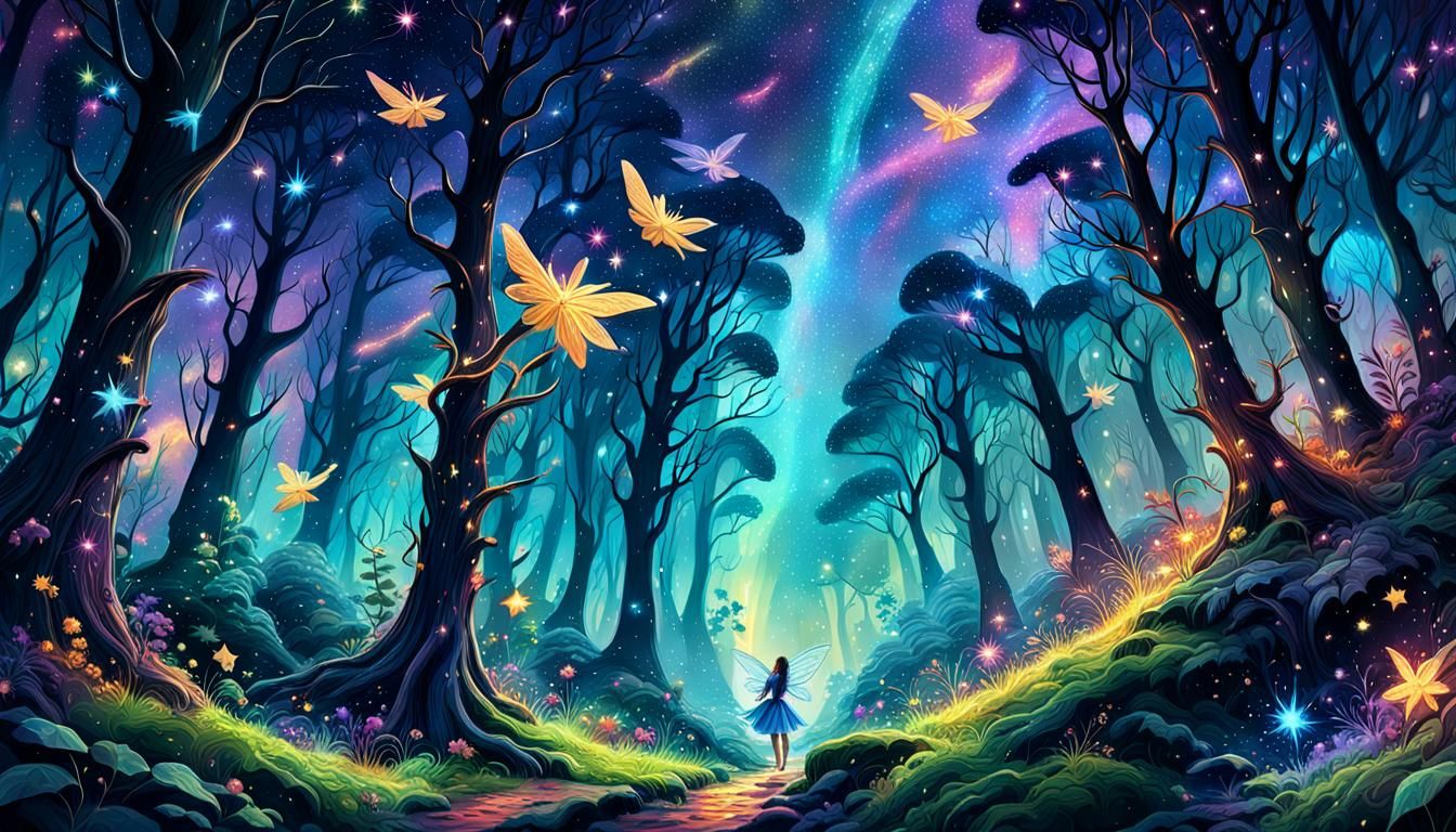 Fairies in Enchanted Forest with Falling Stars