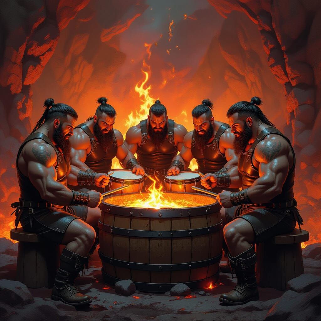 Dwarven Drummers Forge Instruments in Magma