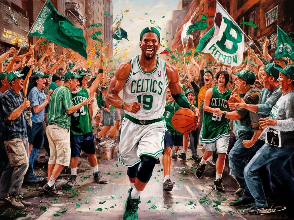 Tatum Leads Boston Parade: A LeRoy Neiman-Style Painting