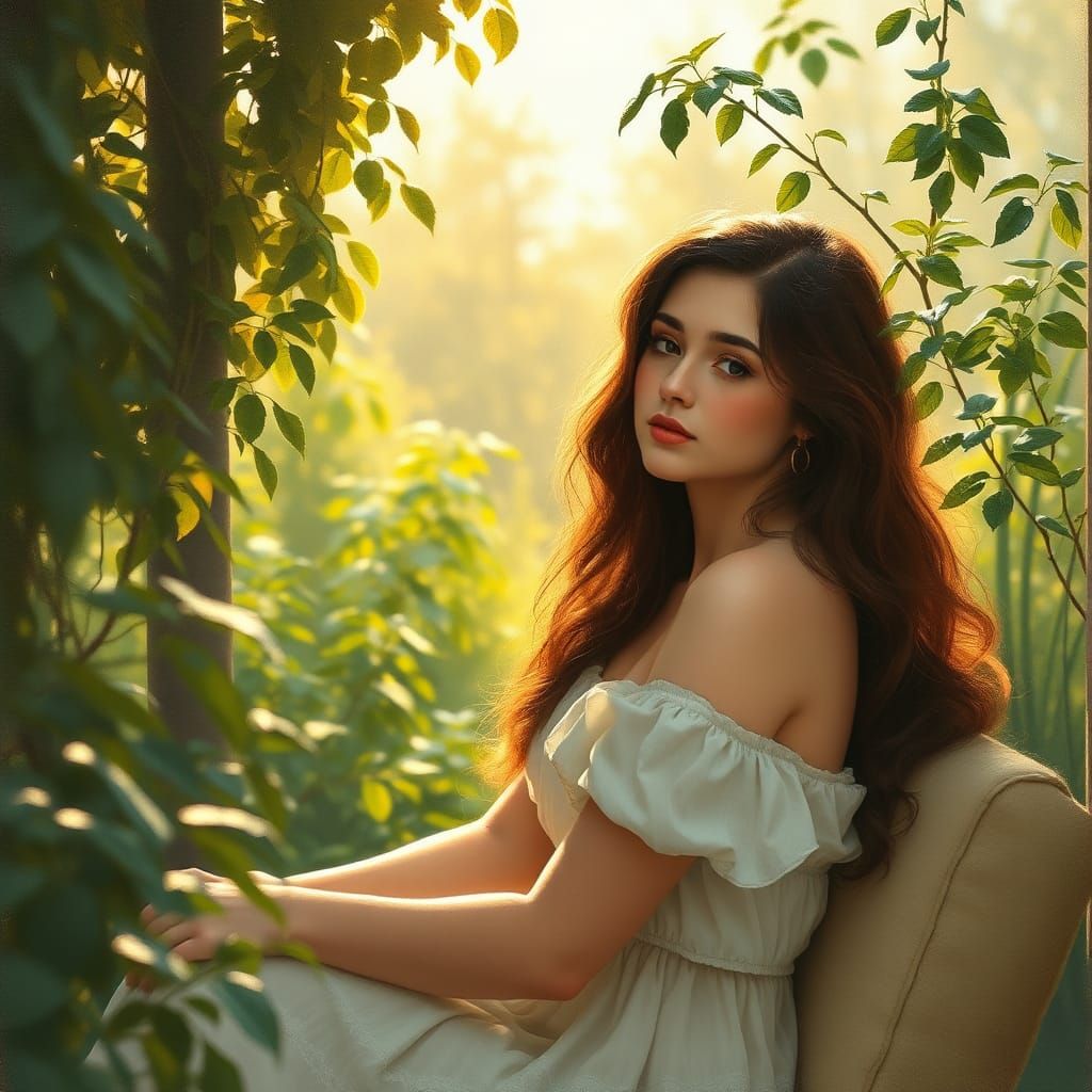 Peaceful Woman in Garden, Impressionist Watercolor Style