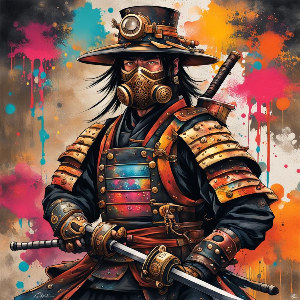 Steampunk Samurai Ready for Battle: Graffiti Art Style