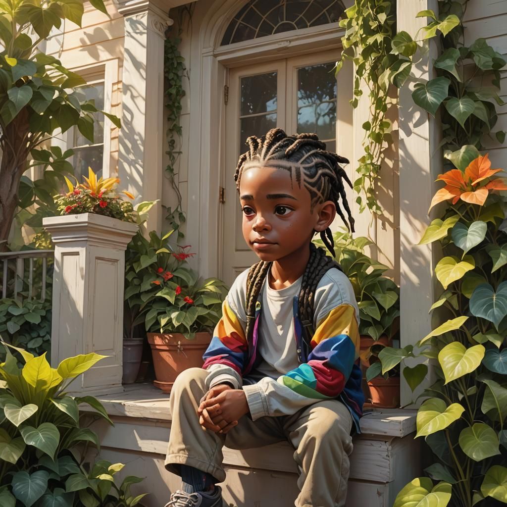 Boy with Rainbow Eye in Sunlit Fantasy Garden