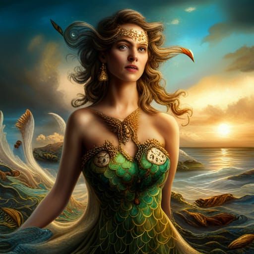 Metallic-Eyed Mermaid Queen with Trident, Fantasy Art