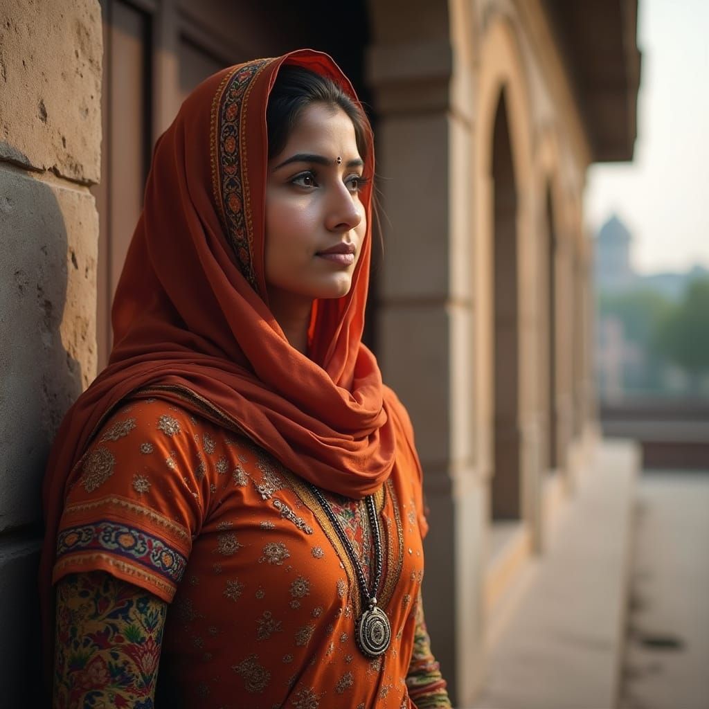 Indian Woman in Hijab and Traditional Clothes at Shrine