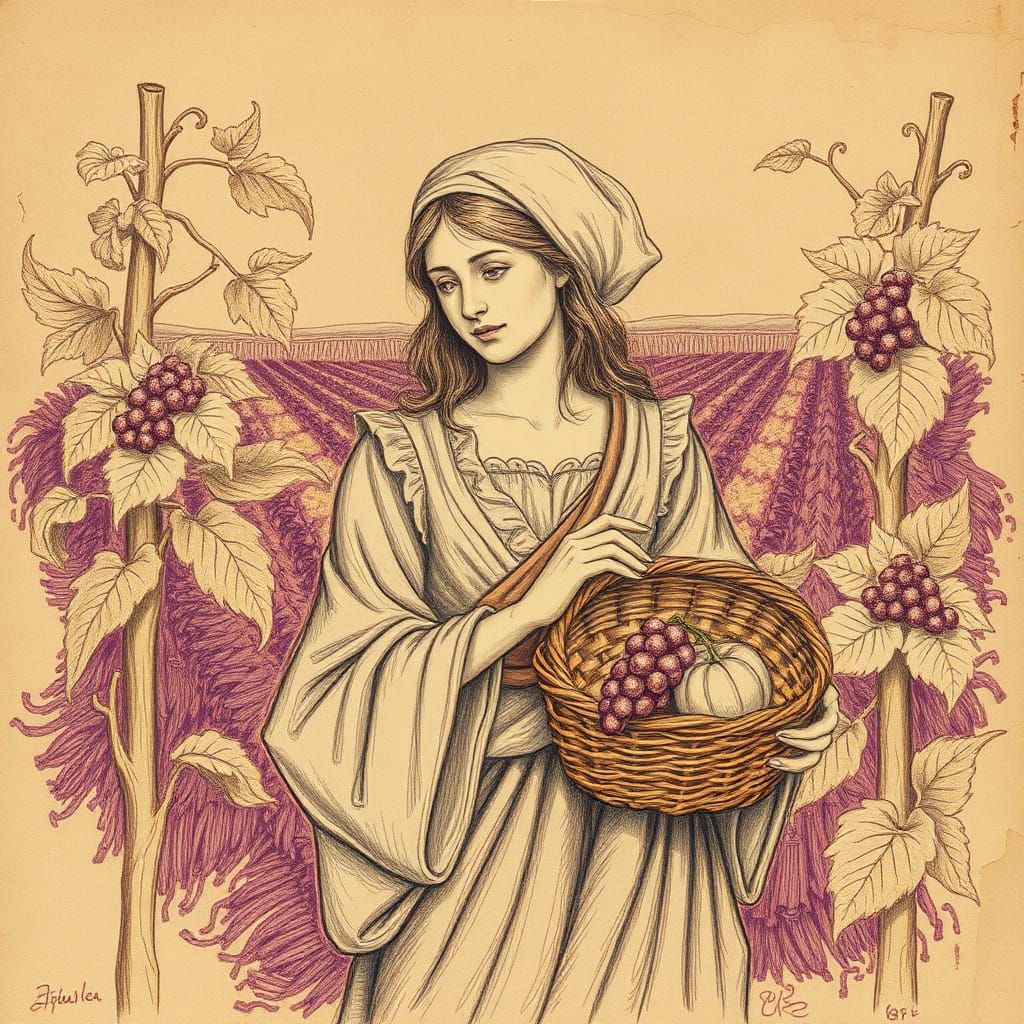 Woman with Grapes: Macroneurographic Sketch on Aged Paper
