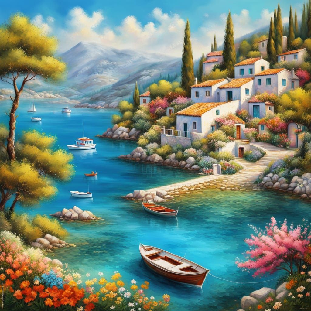 Greek Village Spring Landscape in Photorealistic Clarity