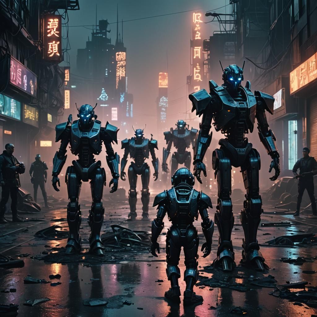 Cyberpunk Robot Overlord in Desolate Cityscape