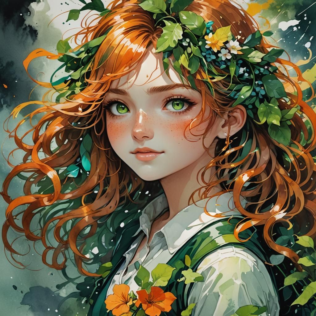 Colorful Portrait of Smiling Girl in Watercolor Style