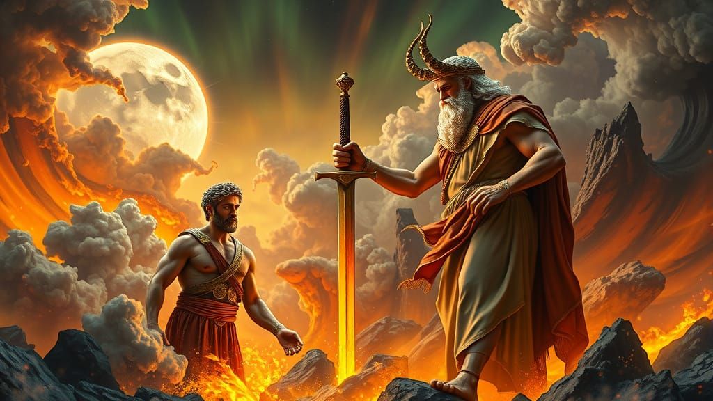 Sword Forged from Io's Magma in Greek Mythology Style