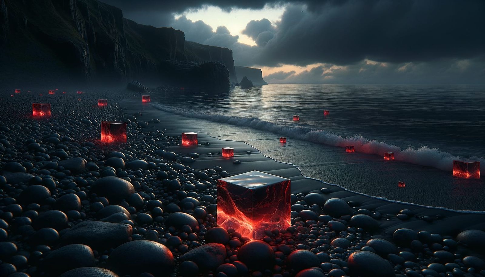 Dark Seascape with Glowing Red Cubes at Twilight