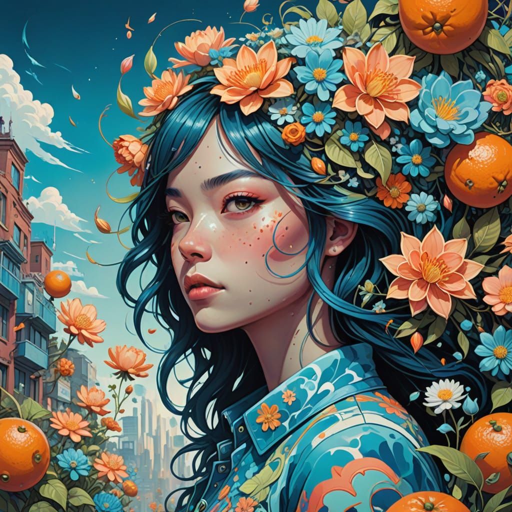 Exploding Flowers Against Urban Backdrop, Graffiti Art