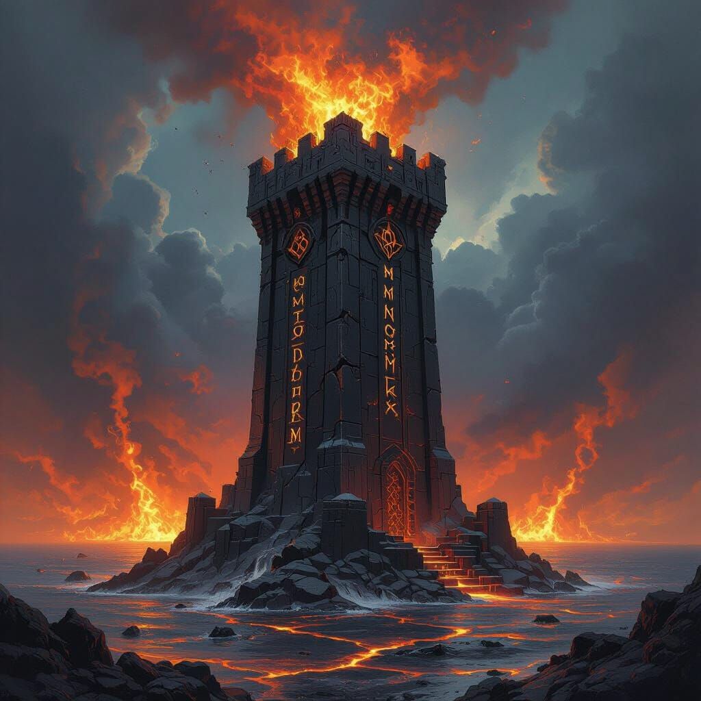 Obsidian Warlord's Tower in Apocalyptic Dark Fantasy Style