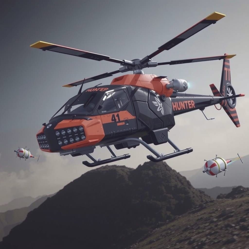 Epic Futuristic Battle Helicopter in Orange and Black Chrome