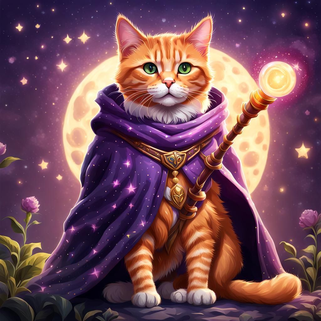 Magical Ginger Cat with Purple Cloak and Staff