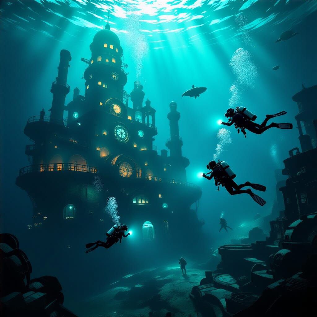 Steampunk Divers Discover Sunken City: Matte Painting