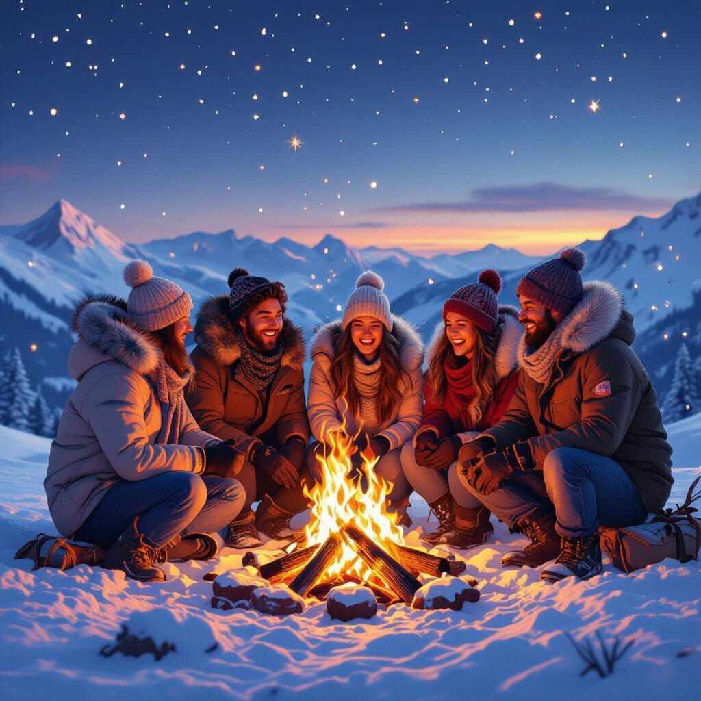 Friends Around Bonfire on Snowy Mountaintop