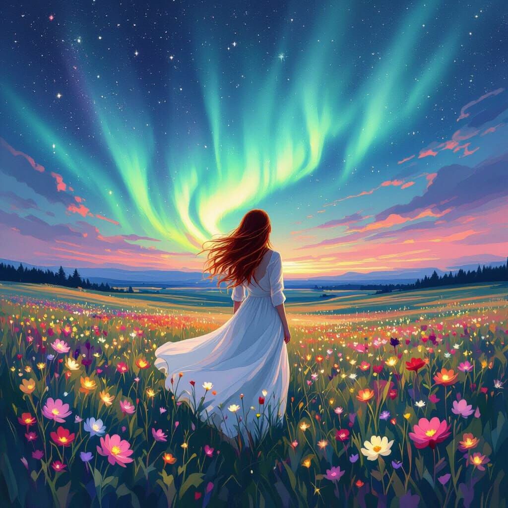 Aurora Borealis: Woman in Impressionistic Landscape