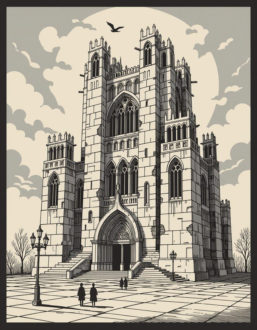 Monolithic Gothic Fantasy Landscape in Brutalist Style