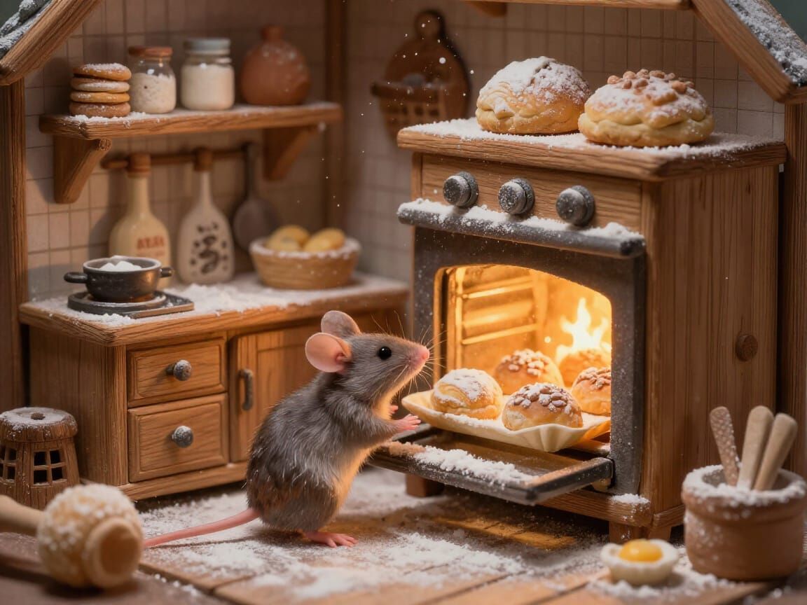 Mice Baking Pastries in Cozy Kitchen Diorama
