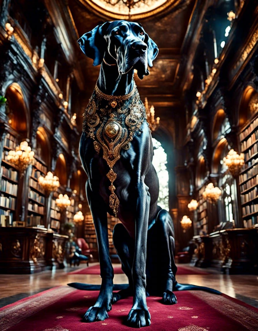 Close up of a Great Dane standing in the lobby of a room