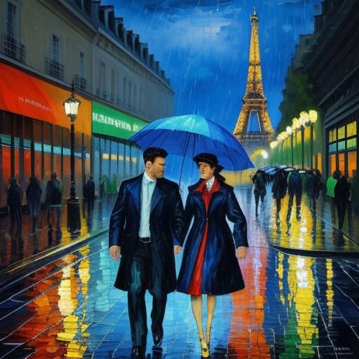 Paris Couple in Neo-Impressionist Expressionist Painting