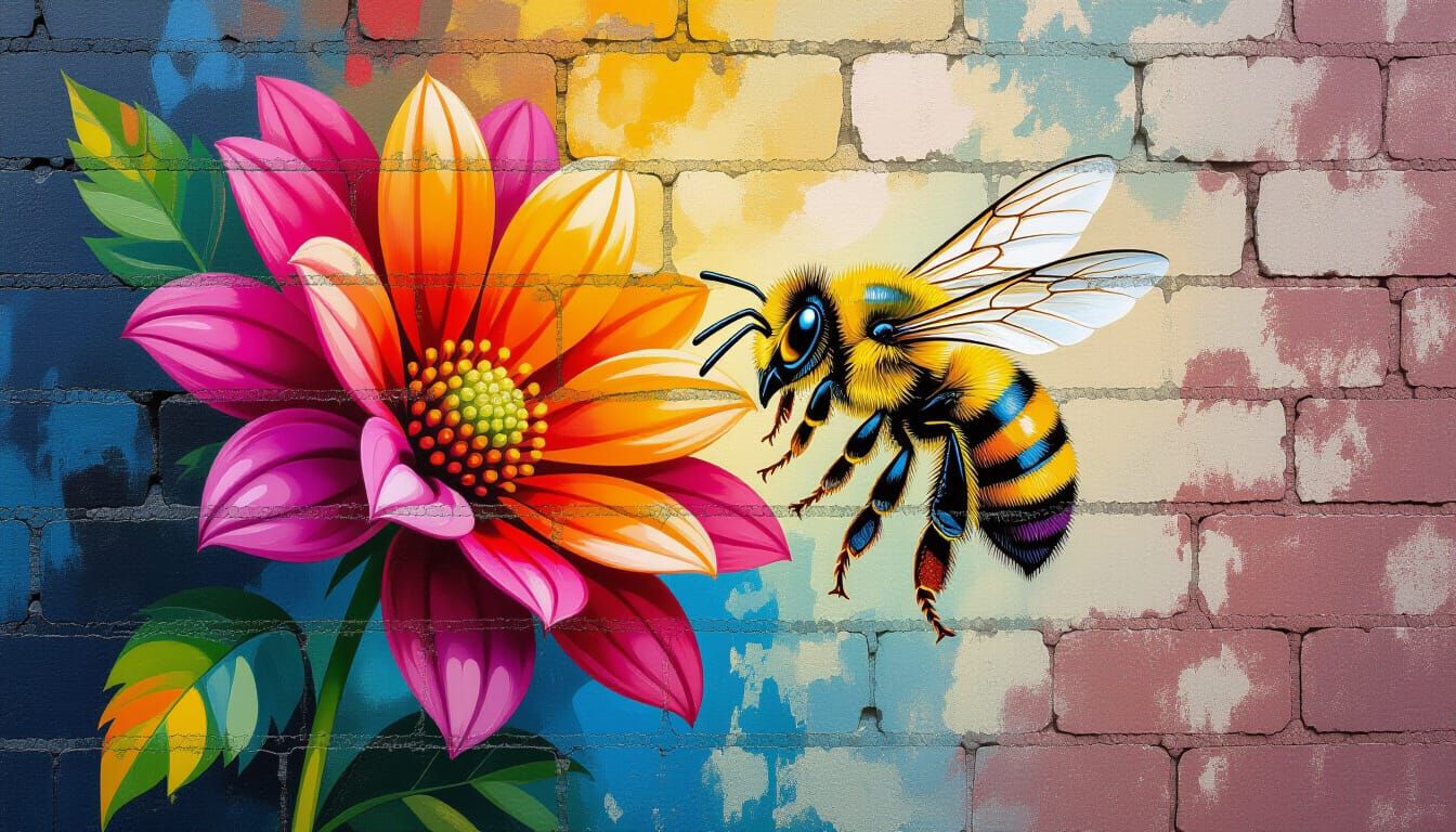 Bee on Graffiti Flower, Hyperrealistic Street Art