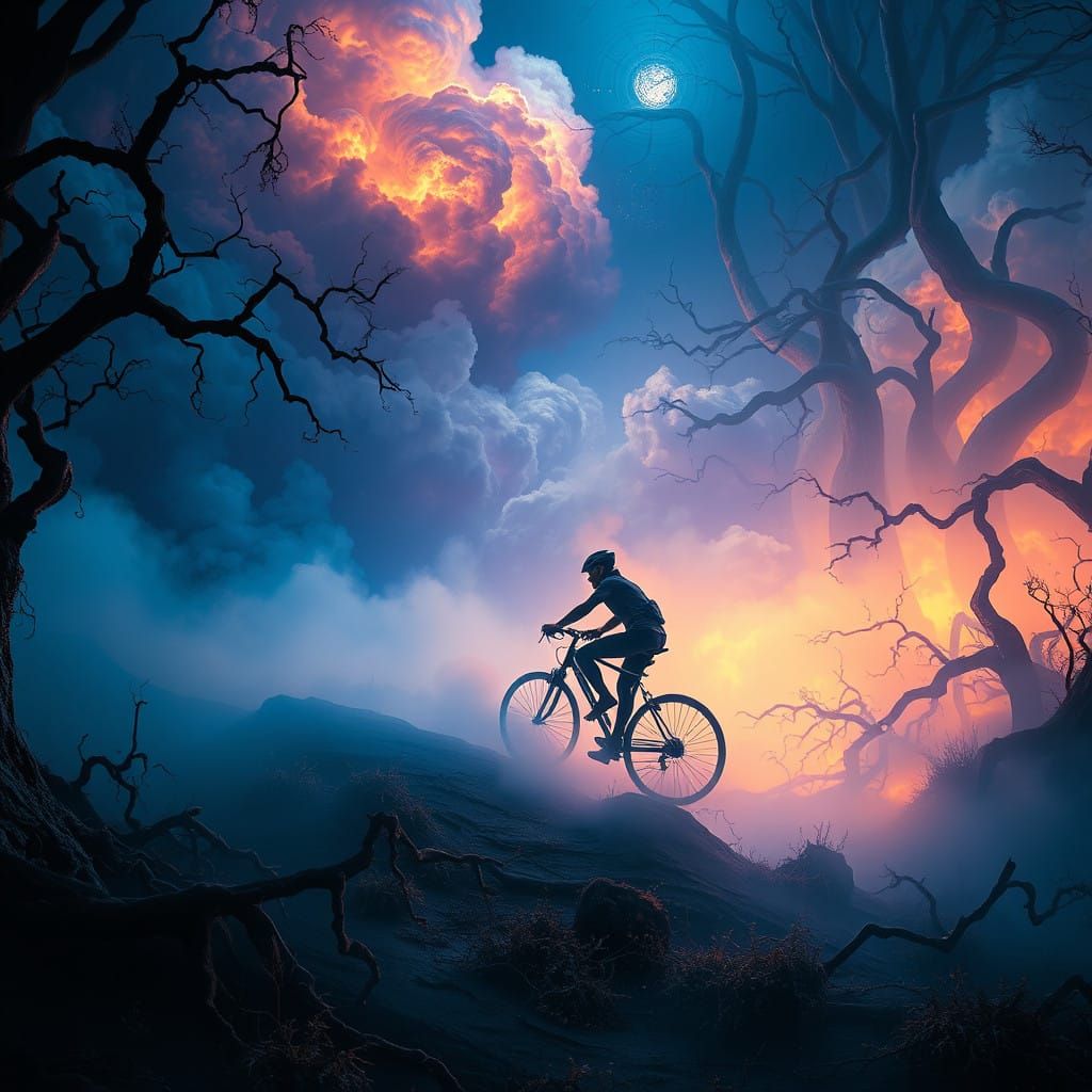 Cyclist Pedals Through Ethereal Landscape