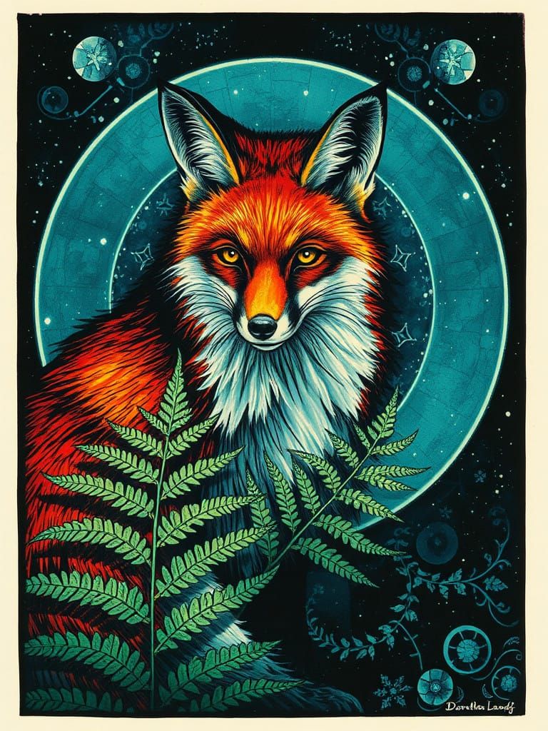 Glowing Holographic Fox in Shattered Mirror Frame