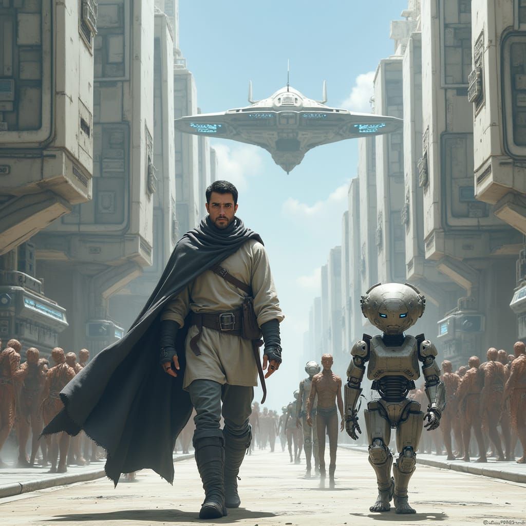 Strong, Angular Man Stands Out in Futuristic Cityscape