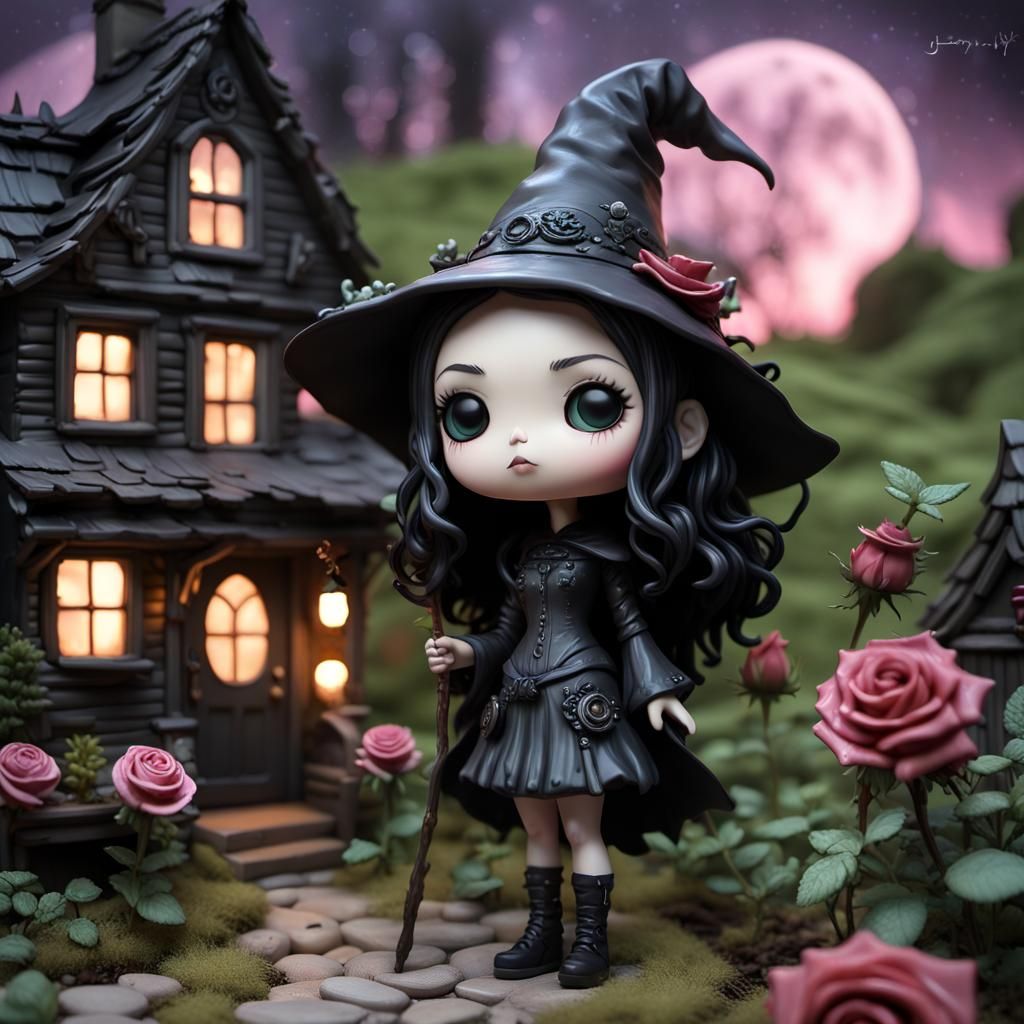 Chibi Witch Bobblehead in Fantasycore Landscape