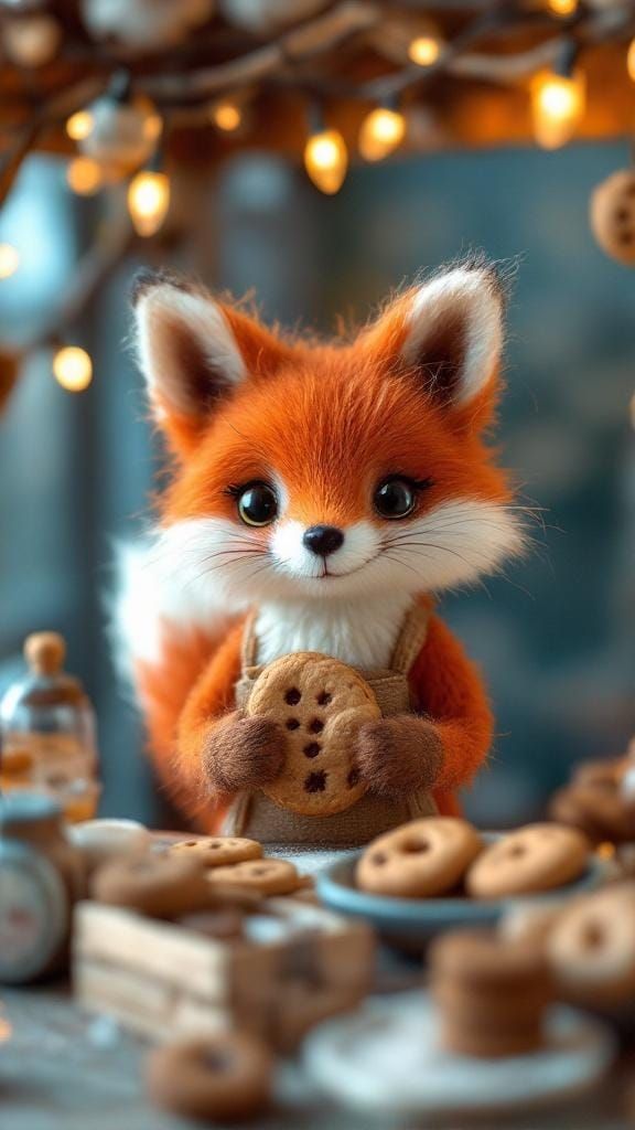 Needle Felted Fox Selling Cookies in Whimsical Yarn Scene