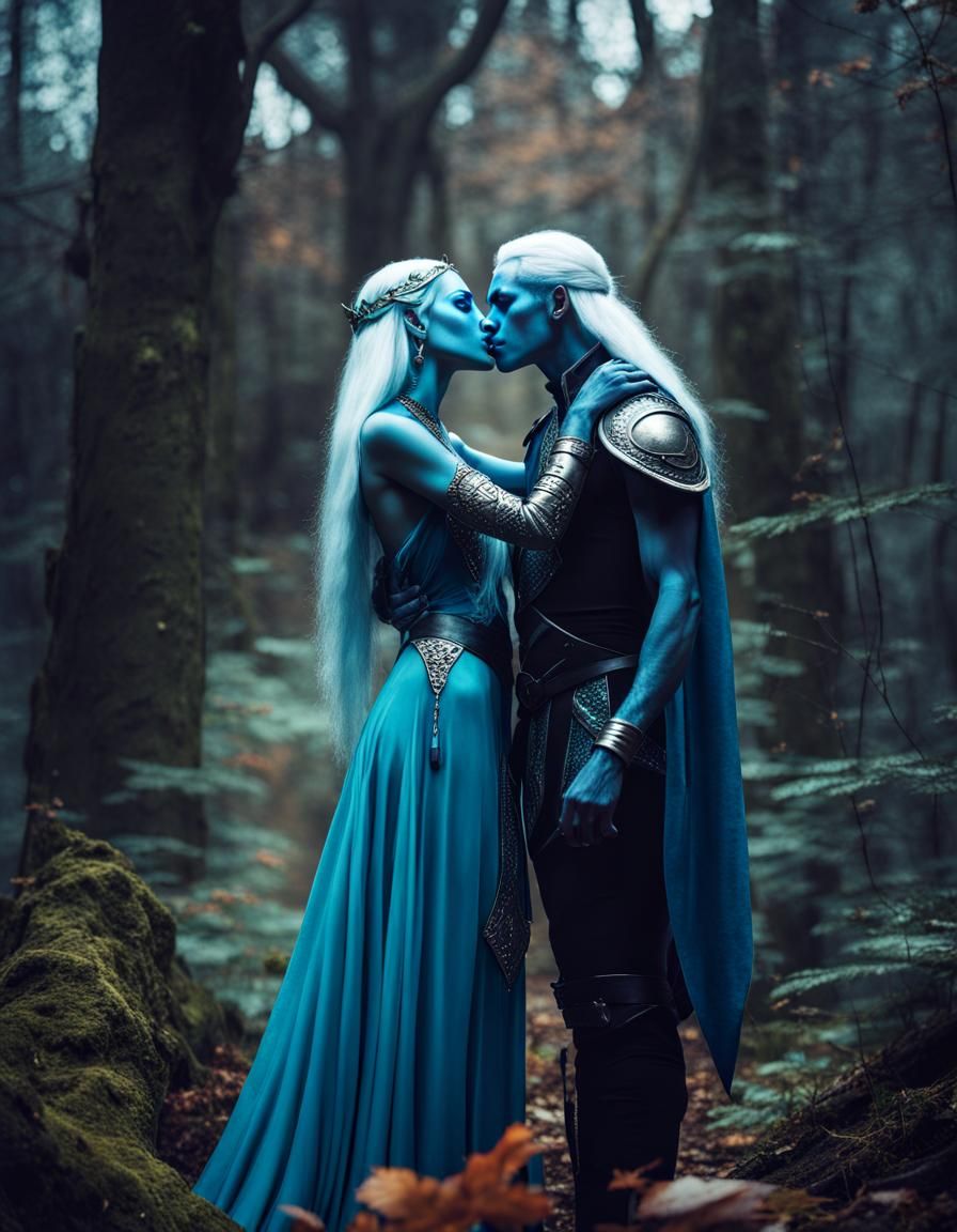 A drow blue-skinned elf couple, kissing passionately in an e...
