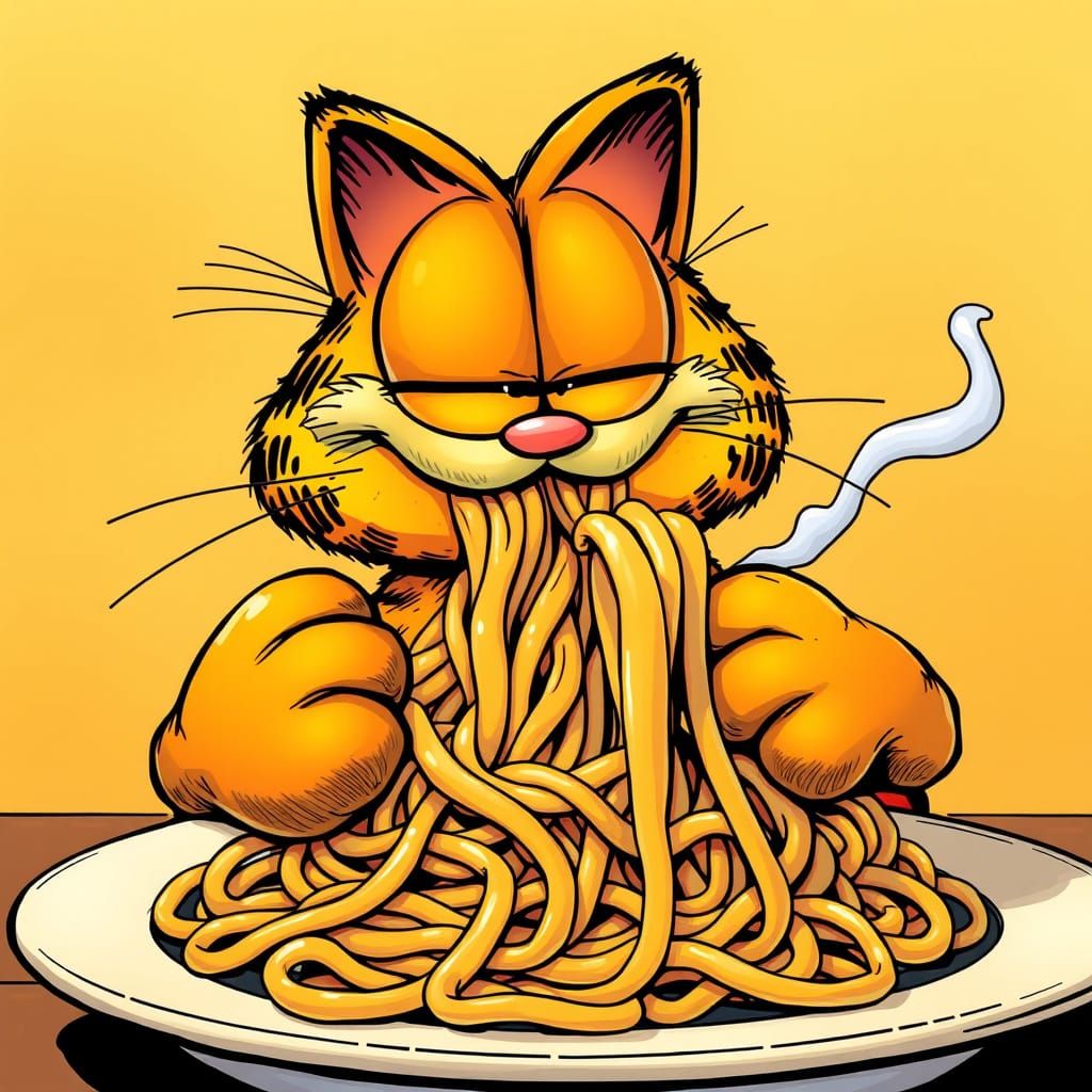 Garfield Savoring Spaghetti in a Vibrant Comic Book Style