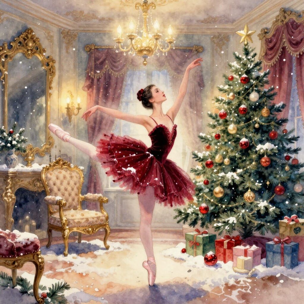 Surreal Victorian Ballerina in Snowy Parlor