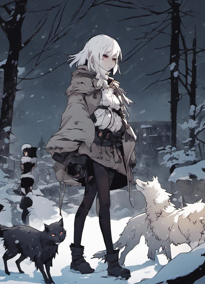 Anime Girl with Cat in Snowy Neon Scene