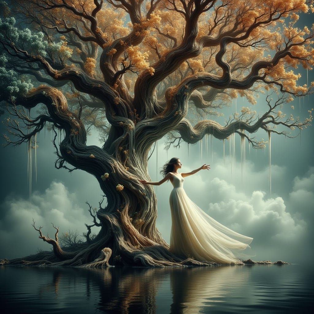Surreal Woman Entwined with Mystical Tree
