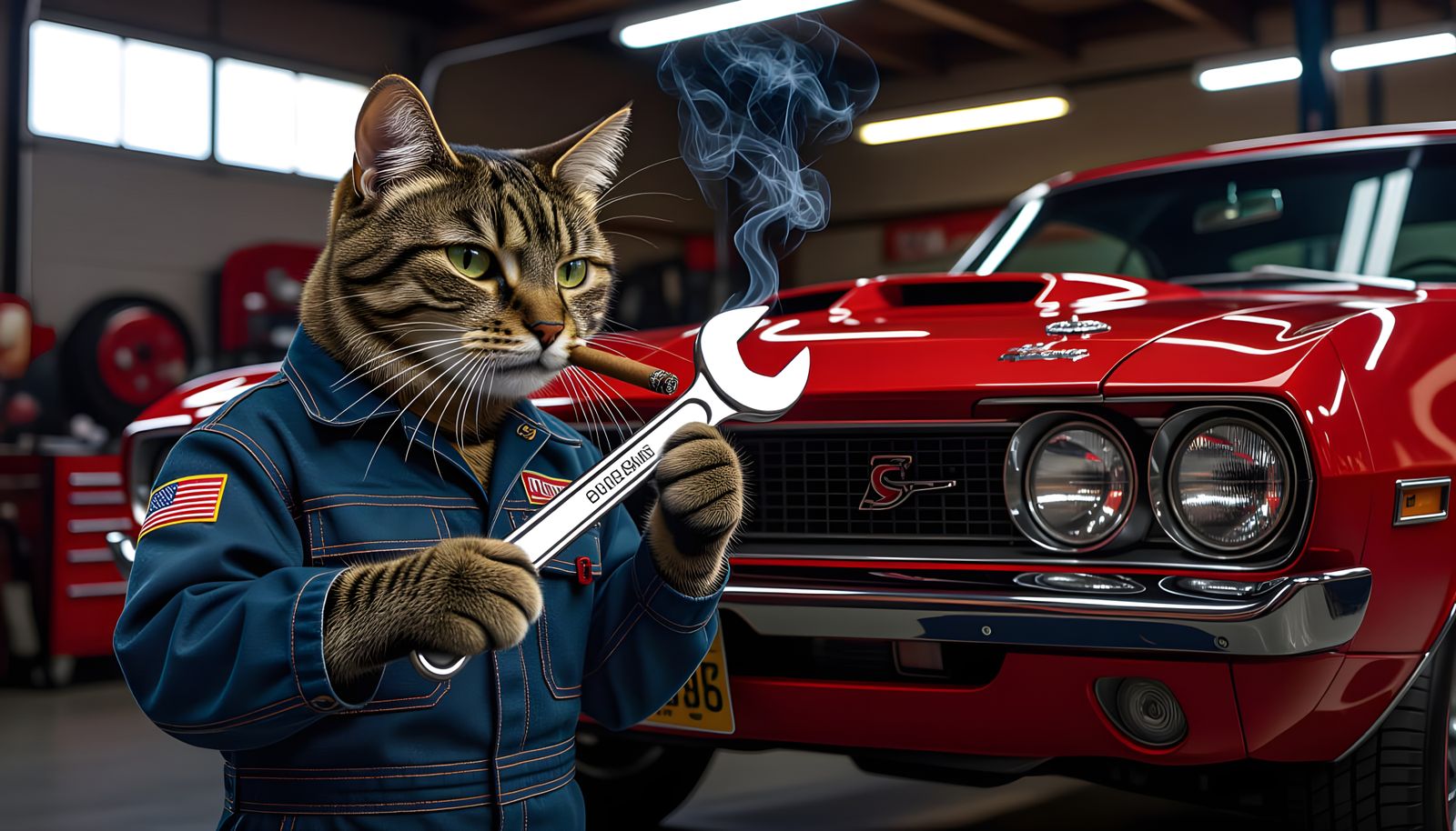 Hyperrealistic Cat Mechanic Repairs Muscle Car with Cigar